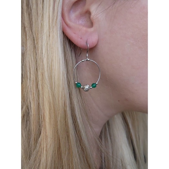 Solid 925 Sterling Silver Fine Jewelry Round Hoop Earrings green Aventurine - Picture 8 of 11